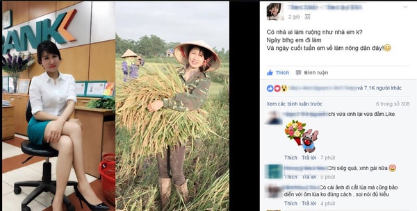 Bức ảnh giản dị của cô nhân viên ngân hàng giúp đỡ bố mẹ vào cuối tuần khiến dân mạng thích thú.