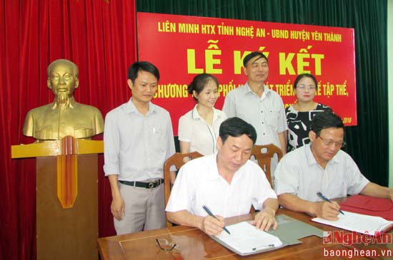 Đại diện Liên minh HTX Nghệ An và lãnh đạo UBND huyện Yên Thành ký kết chương trình phối hợp