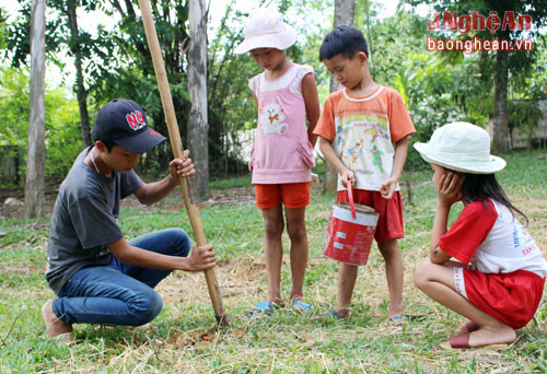 Ở huyện miền núi Tân Kỳ, trẻ em thường tập hợp thành từng nhóm 3-5 em, mang theo cuốc, xuổng và các loại chai, lọ đựng nước để đi đào và bắt dế.