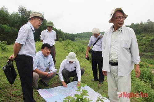 Cán bộ JICA khảo sát hệ thống kênh dẫn Thủy lợi Bắc. Ảnh Cảnh Nam