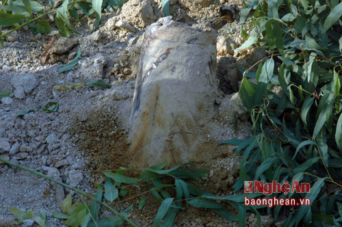 Qủa bom được phát hiện trong vườn nhà ông Quang.