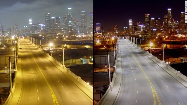 Hệ thống đèn LED chiếu sáng mới ở Los Angeles (phải) khác biệt so với hệ thống cũ.