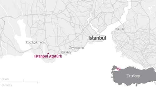Vị trí sân bay Ataturk, Istanbul, Thổ Nhĩ Kỳ. Đồ họa: Guardian.
