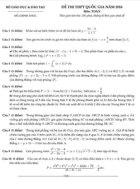Đáp án đề thi môn toán 2016, kỳ thi THPT Quốc gia năm 2016, đáp án môn toán, đáp án đề thi môn toán, đáp án tốt nghiệp môn toán