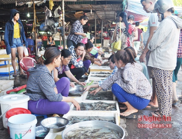 Khách du lịch mua hải sản tươi sống tại Chợ hải sản Cửa Lò.