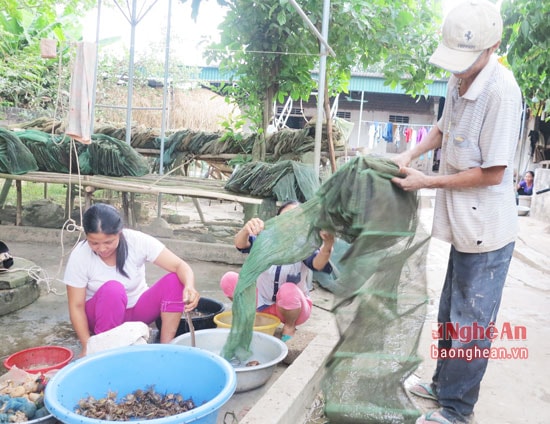 Lưới được đem về nhà và phân loại các loại thuỷ sản vừa đánh bắt được