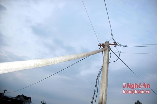 Người dân Viên Thành, Yên Thành phải dùng cây gỗ để chống cột điện đã bị xiêu vẹo, rất mất an toàn