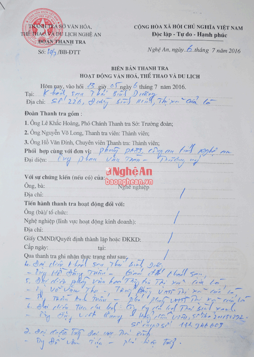 Biên bản số 197 do Đoàn Thanh tra Sở VH,TT&DL lập ngày 6/7/2016 tại KS.Thái Bình Dương.