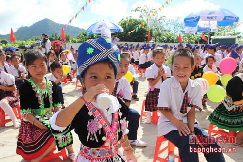 Học sinh huyện Kỳ Sơn uống sữa học đường trong ngày khai giảng ( ảnh: tư liệu)