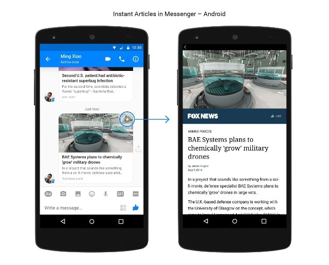 Nội dung bài báo sẽ được hiển thị nhanh hơn trong Facebook Messenger khi được gắn tính năng Instant Articles. - Nguồn: Facebook