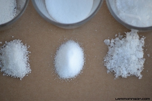 Từ trái qua: Muối ăn (Kosher salt), muối tinh (table salt), muối biển (sea salt)