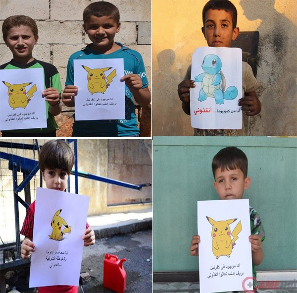 Những đứa trẻ ở quốc gia bị chiến tranh tàn phá Syria cầm các bức tranh vẽ Pokemon với thông điệp kêu gọi thế giới đến tìm và giải cứu các em. 