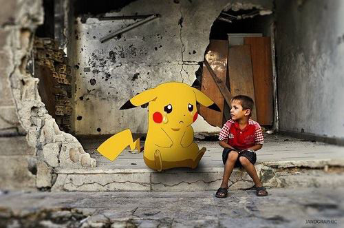 Hình ảnh mang thông điệp hãy đến giải cứu trẻ em Syria như trò chơi Pokemon Go.