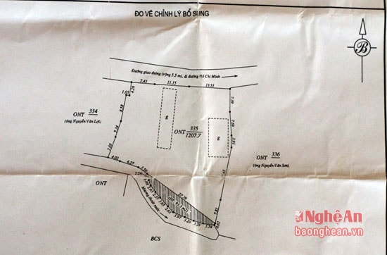 Bản đồ đo đạc thể hiện diện tích lấn chiếm đất của ông Nguyễn Văn Kỳ là 93,3 m2.