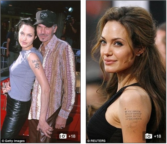 Angelina Jolie và hình xăm khi còn yêu Billy Bob Thornton (trái) và khi trở thành bà Brad Pitt.