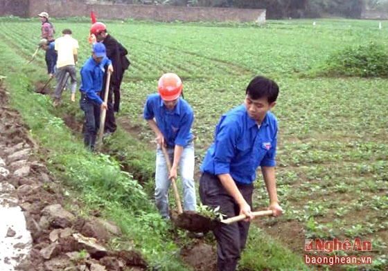 Nguyễn Đức Lộc (đầu tiên) cùng đoàn viên tham gia làm kênh mương tại xã Nghi Hoa, Nghi Lộc.