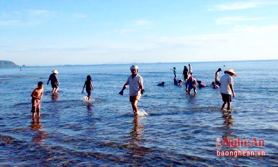 Do nước biển dâng cao nên các thành viên tham gia phải xuống biển nhặt đá.