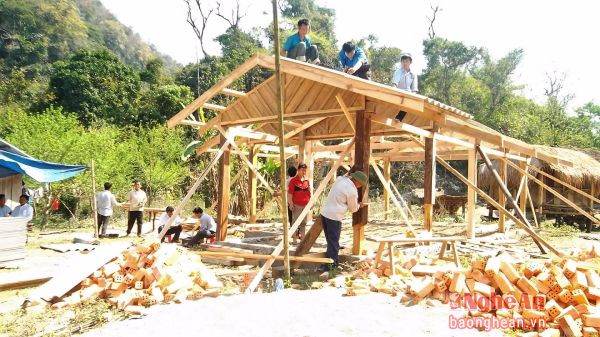 Nhân dân 2 bản Tiền Tiêu (Kỳ Sơn, Nghệ An) và Loọng Quặng (Xiêng Khoảng, Lào) giúp nhau dựng nhà mới.