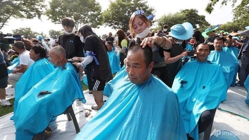 Residents have their heads shaved during a rally to oppose a plan to deploy an advanced U.S. missile defence system called Terminal High-Altitude Area Defense, or THANgười dân cạo đầu để phản đối việc triển khai hệ thống tên lửa THAAD ở Seongju, Hàn Quốc, ngày 15/8. Ảnh: AP.