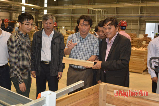 Lãnh đạo huyện Nghĩa Đàn thăm quan dây chuyền sản xuất gỗ thanh tại Nhà máy gỗ MDF Nghĩa Đàn.