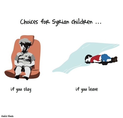 Bức vẽ của nghệ sĩ Khalid Albaih tóm gọn những lựa chọn mà người dân Syria có trong tay đi kèm với hệ quả tương ứng. Ảnh: Twitter