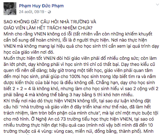 Một chia sẻ tâm huyết về VNEN trên mạng xã hội.