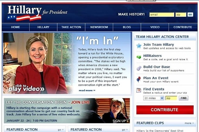 Ngày 20/1/2007, bà Clinton trên trang nhất website tranh cử chính thức đã tuyên bố: “Ngày hôm nay, Hillary có bước đi đầu tiên trên con đường chạy đua vào Nhà trắng”. Ảnh: Reuters