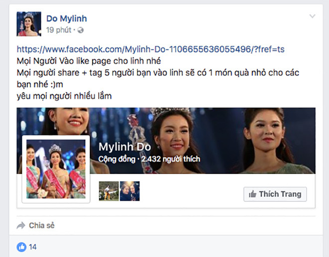 Một facebook giả mạo Tân hoa hậu Đỗ Mỹ Linh vởi mục đích câu like. Ảnh chụp từ màn hình.