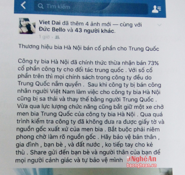 Thông tin sai sự thật đăng tải trên facebook Viet Dai.