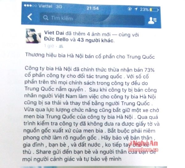 Thông tin bịa đặt về Bia Hà Nội đăng tải trên Facebook của Trần Tuấn Vĩnh.