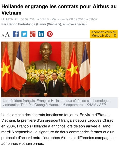 Tin về chuyến thăm Việt Nam của Tổng thống Pháp Hollande trên tờ Le Monde.