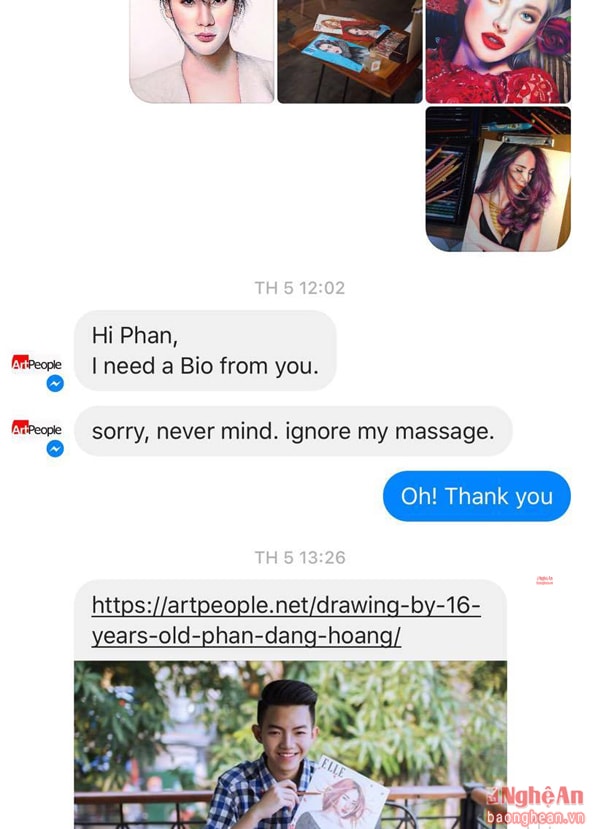 Nội dung đoạn chat trên Facebook giữa đại diện Art People và Hoàng