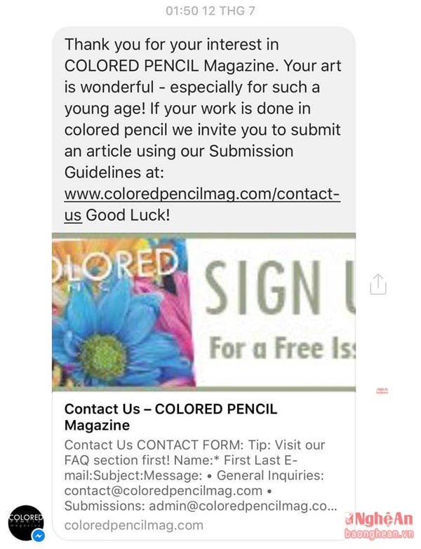 Email hồi âm từ Tổng biên tập Tạp chí Coloredpencilmag.com gửi cho Phan Đăng Hoàng.  