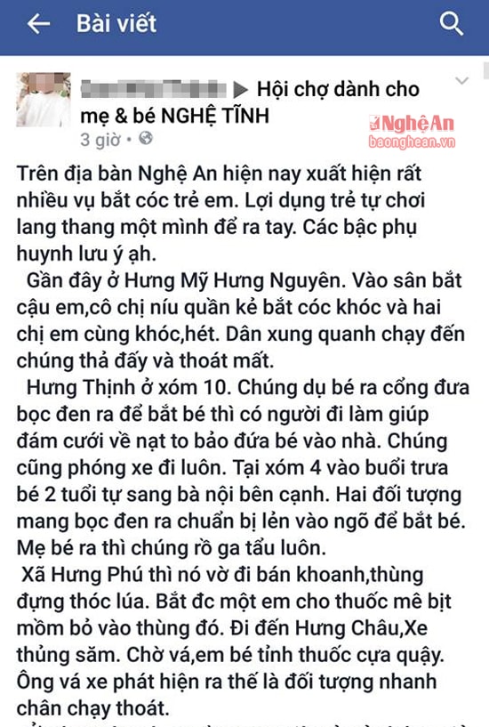 Chia sẽ của chủ tài khoản C.N.T gây lo lắng, hoang mang cho các phụ huynh có con nhỏ.