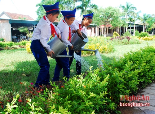 Các em học sinh chăm sóc vườn hoa