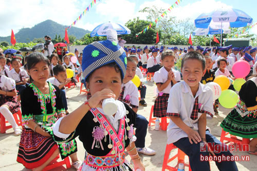Học sinh huyện Kỳ Sơn uống sữa học đường trong ngày khai giảng - ảnh: tư liệu
