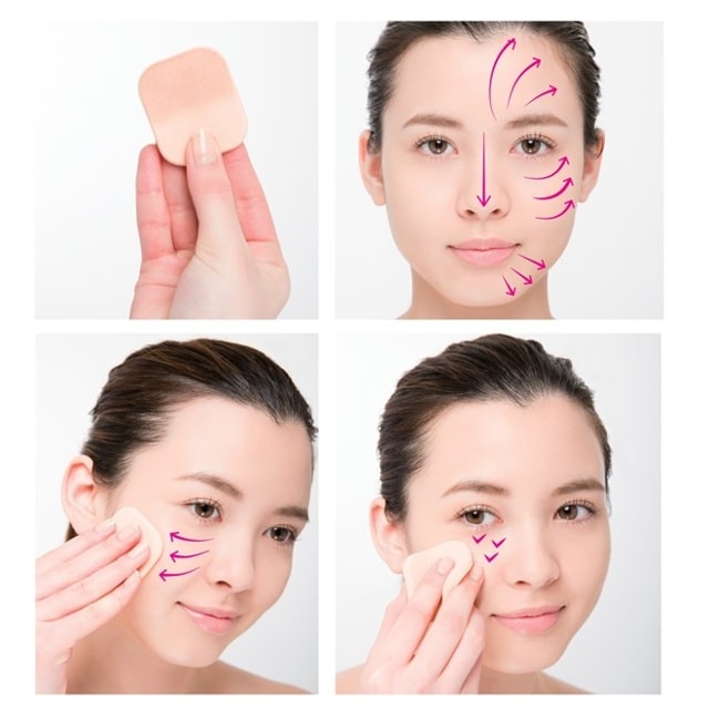 Để có lớp nền đúng kỹ thuật, bạn lấy lượng phấn vừa đủ và phủ lên mặt theo hướng từ trong ra ngoài theo hình. 