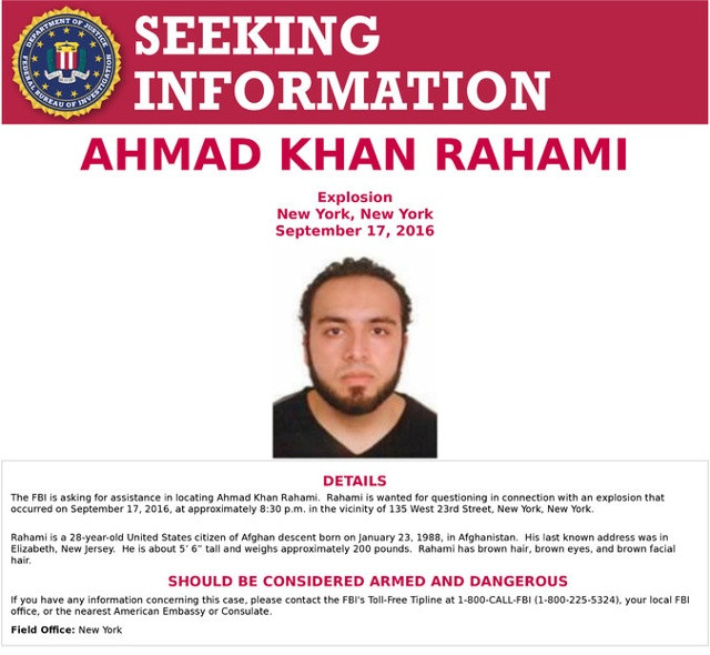 FBI phát lệnh truy nã nghi can Rahami. Ảnh: FBI