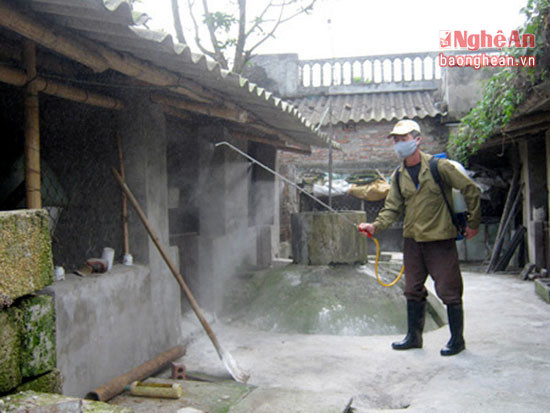 Huyện Nghi Lộc tổ chức phun tiêu độc, khử trùng ở các khu vực chăn nuôi. Ảnh Thu Hiền