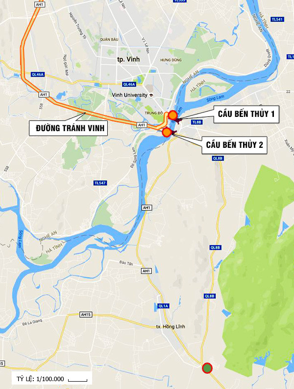 Nút giao QL8B (QL1A mới) và QL1A cũ (điểm tròn xanh ) từng được tính đến trong các phương án đặt trạm thu mới. Cuối cùng, phương án giữ nguyên trạm thu cầu Bến Thuỷ 1 và đặt thêm trạm thu phụ cầu Bến Thuỷ 2 được Tổng cục Đường bộ Việt Nam thẩm định thông qua, được UBND địa phương có dự án đi qua, Bộ Tài chính và Bộ GTVT thống nhất. Bản đồ: Google Map. 