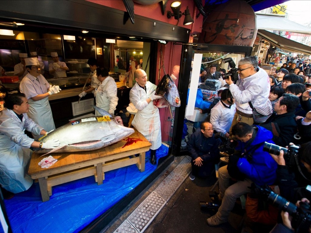 Cá tươi ở chợ Tsukiji, Tokyo, Nhật Bản: Đây là chợ cá lớn nhất thế giới, với khoảng 2.000 tấn hải sản được giao dịch mỗi ngày. Du khách có thể tới đây xem đấu giá cá ngừ, sau đó thưởng thức sushi và các món ăn ở hàng trăm quán ăn, nhà hàng quanh chợ.  