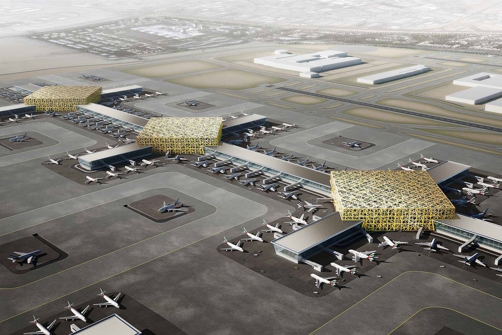 Dubai đang xây dựng sân bay lớn nhất thế giới: Sân bay quốc tế Al Maktoum đang được mở rộng với chi phí đầu tư 32 tỷ USD, và sẽ trở thành sân bay lớn nhất thế giới (diện tích khoảng 140 km2). Sân bay giống như một tiểu thành phố này có thể đón hơn 120 triệu khách mỗi năm, sau khi hoàn thiện sau 6-8 năm nữa. Ảnh: Daep. 