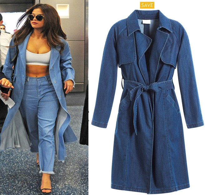 1. Denim trendcoat: Thay cho kiểu trendcoat với chất liệu kaki truyền thống, năm nay, các chất liệu denim là thay thế hoàn hảo, bạn có thể mặc tách rời hoặc kết hợp xu hướng denim on denim như Selena Gomez.