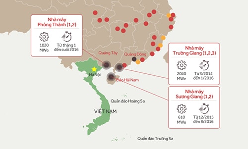 Vị trí ba nhà máy điện hạt nhân Trung Quốc gần Việt Nam. Đồ Họa: Tiến Thành.
