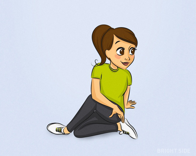 Động tác ngồi vặn người giúp giảm đau vùng lưng. Ngồi theo tư thế chân trái vắt chéo qua chân phải, vặn người qua bên trái. Giữ vài giây rồi trở về tư thế ban đầu. Lặp lại động tác 10 lần rồi đổi bên.