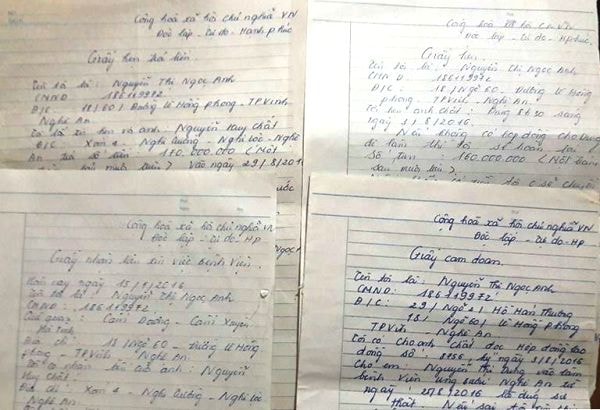 Giấy nhận tiền, cam kết trả tiền, giấy cam đoan mà Nguyễn Thị Ngọc Anh viết.