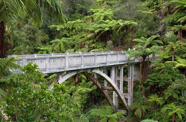 Bridge To Nowhere (Vườn quốc gia Whanganui, New Zealand): Cây cầu với thiết kế ấn tượng nằm lọt thỏm giữa khu vườn quốc gia Whaganui, nhưng lại không có đường dẫn lên cầu. Được xây dựng vào năm 1936, sau đó bỏ hoang, Bridge To Nowhere hiện trở thành địa điểm hút khách du lịch. Ảnh: Doc.govt