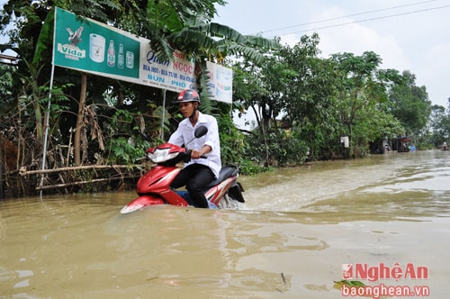 Nhiều đoạn bị ngập sâu từ từ 2 -3 m, khiến cho việc lưu thông bằng xe máy cực kỳ khó khăn.