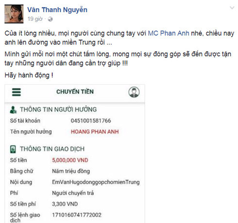 Vân Hugo cũng kêu gọi bạn bè Facebook chung tay ủng hộ đồng bào miền Trung.
