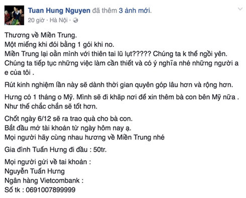 Ca sĩ Tuấn Hưng cũng kêu gọi cộng đồng ủng hộ miền Trung thông qua tài khoản của anh.